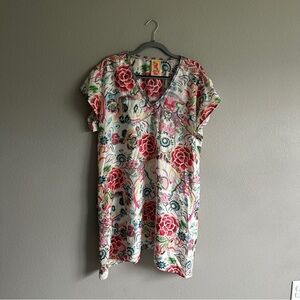 Johnny Was Floral White Kaftan with Red, Pink & Green Accents